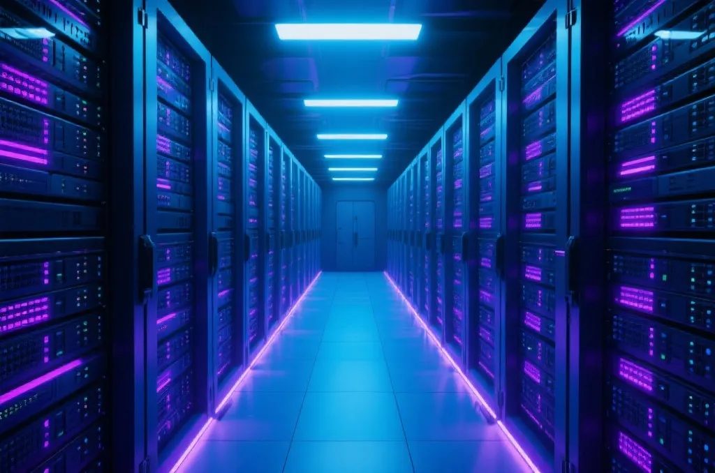 A futuristic server room with glowing blue LED lights representing high tech computer processing unit
